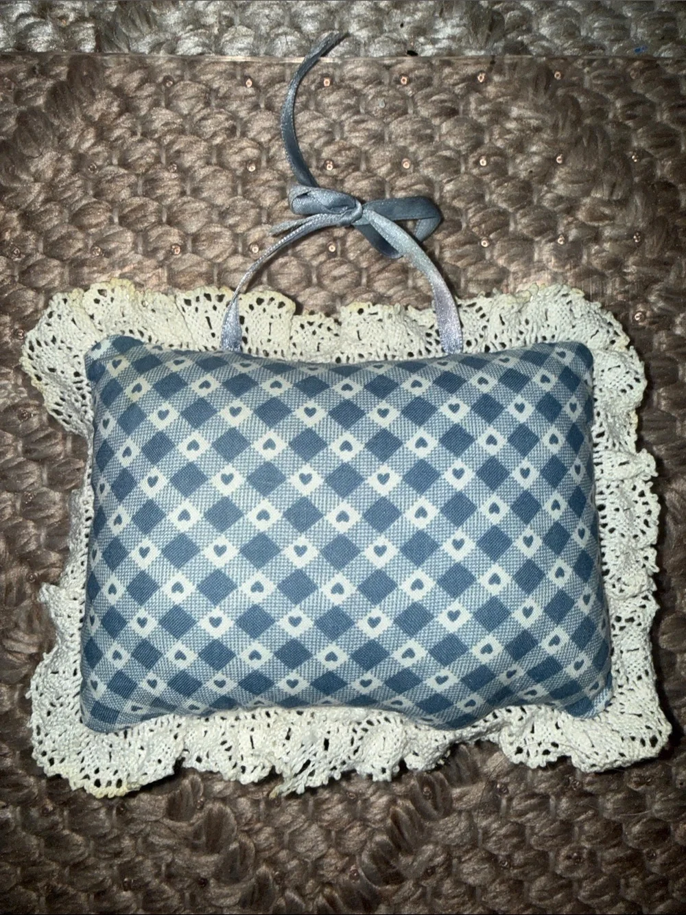 Vintage Lace Wall Hanging / Decorative Cream and Blue Cross-Stitch Wall Pillow